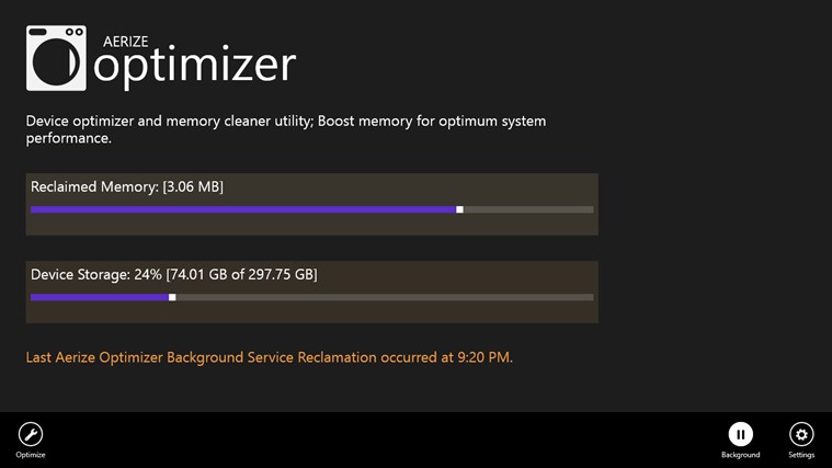 Aerize Optimizer 1.0.0.0 software screenshot