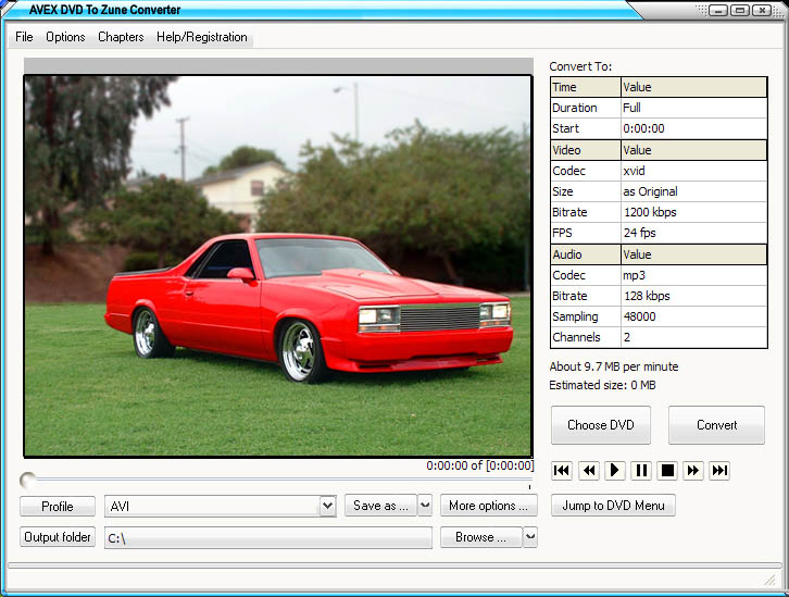 Aevx DVD to Zune Convert 2011.1105 software screenshot
