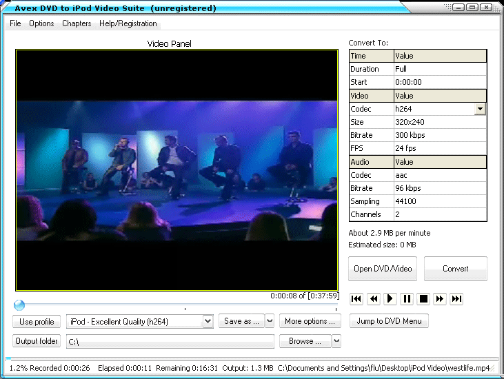 Aevx DVD to iPod Suite 2011.1105 software screenshot