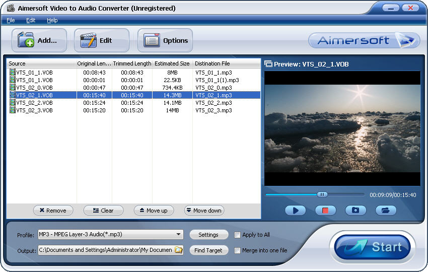 Aimersoft Video to Audio Converter 2.2.0.40 software screenshot