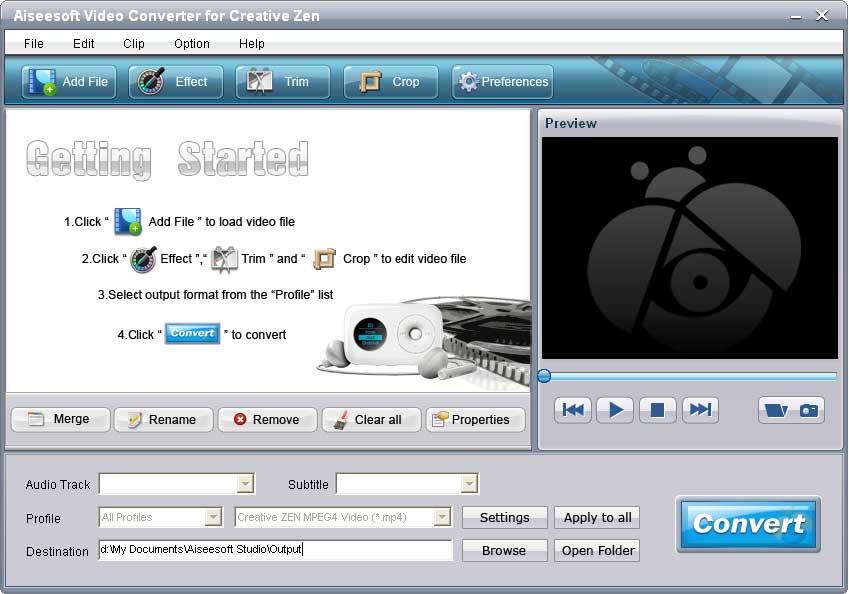 Aiseesoft Creative Zen Video Converter 6.2.52 software screenshot