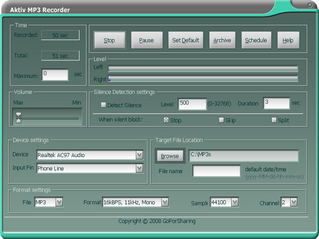 Aktiv MP3 Recorder 3.0.0 software screenshot