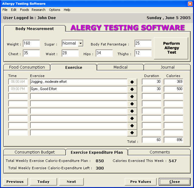 Alergy Testing Software 1.0 software screenshot