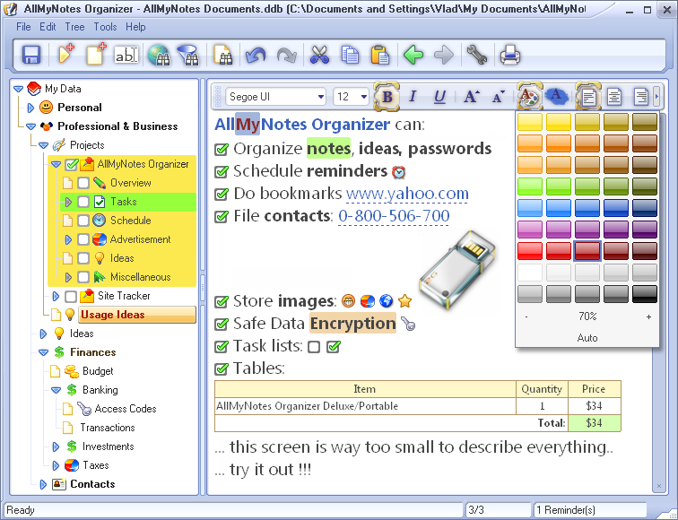 AllMyNotes Organizer Portable 3.18.847 software screenshot