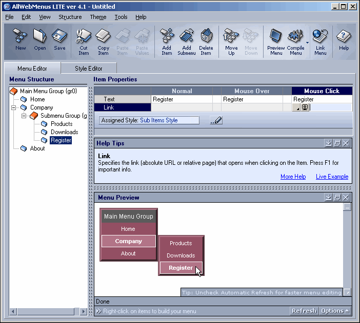 AllWebMenus LITE 4.1.624 software screenshot