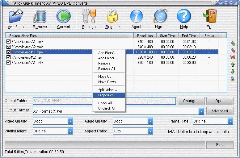 Allok QuickTime to AVI MPEG DVD Converter 3.6.0529 software screenshot