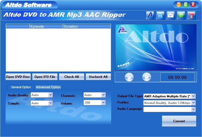 Altdo DVD to AMR MP3 AAC Ripper 4.2 software screenshot