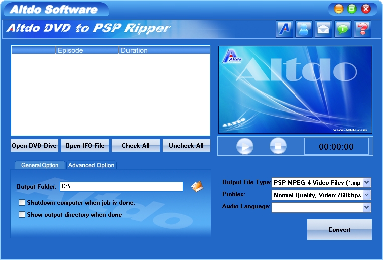 Altdo DVD to PSP Ripper 4.1 software screenshot