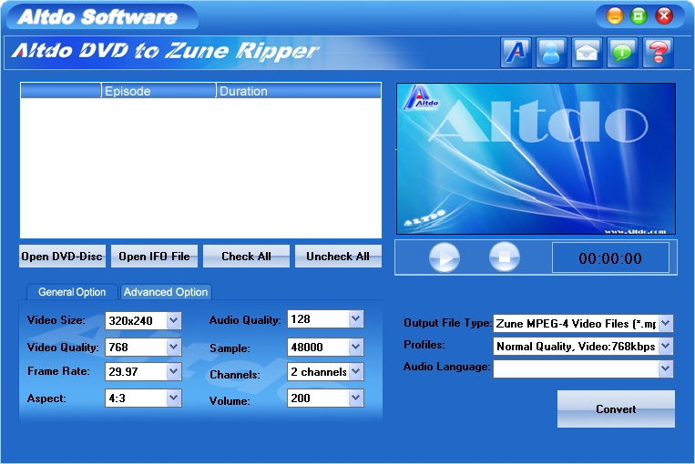 Altdo DVD to Zune Ripper 4.2 software screenshot