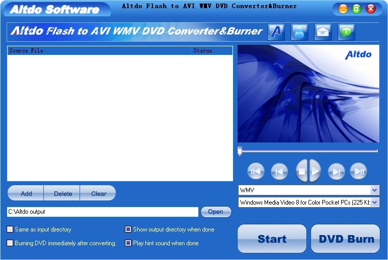 Altdo Flash to AVI DVD Converter&Burner 6.5 software screenshot
