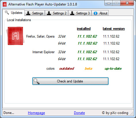 Alternative Flash Player Auto-Updater 1.2.0.1 software screenshot