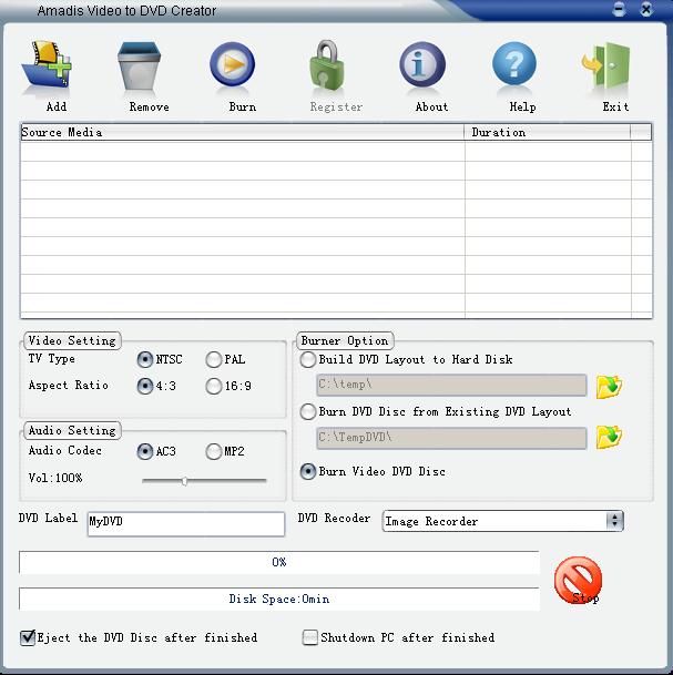 Amadis Video to DVD Creator 3.8.8 software screenshot