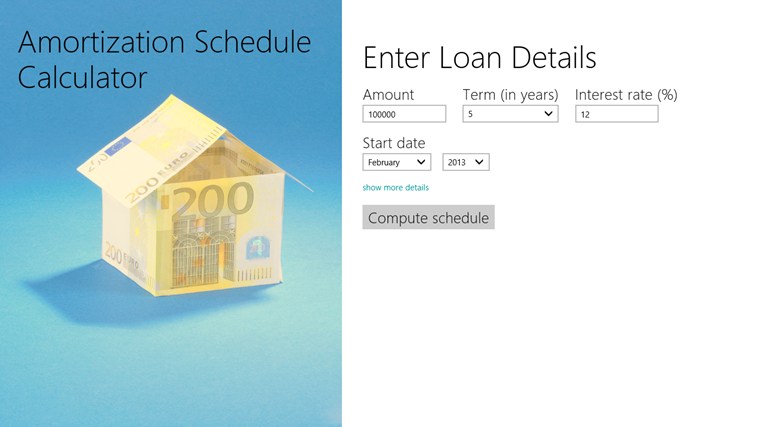 Amortization Schedule Calculator for Windows 8 0.3.0.4 software screenshot
