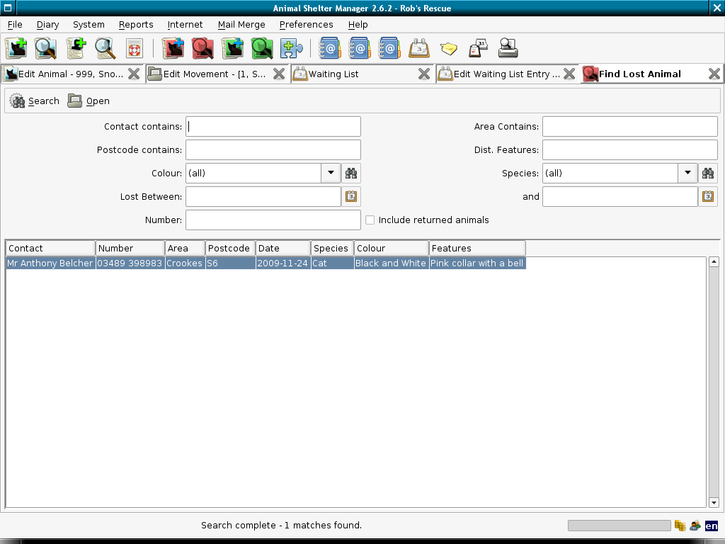 Animal Shelter Manager 3.2.1 software screenshot