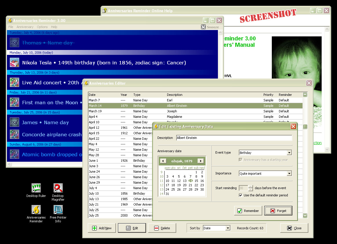 Anniversaries Reminder 3.22 software screenshot