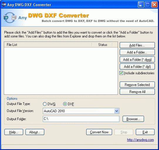 Any DWG to DXF Converter 2010.01.1.1 software screenshot