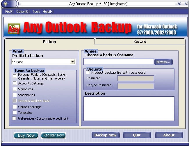Any Outlook Backup 2.60 software screenshot