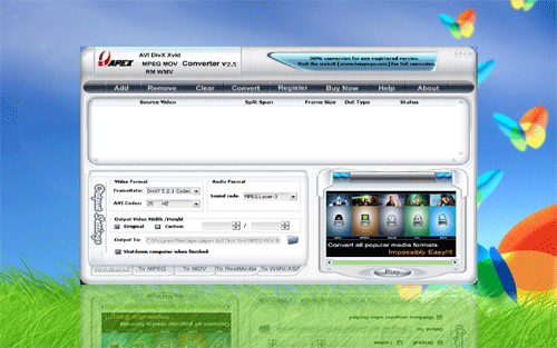 Apex AVI MPEG MOV RM WMV Converter 5.06 software screenshot