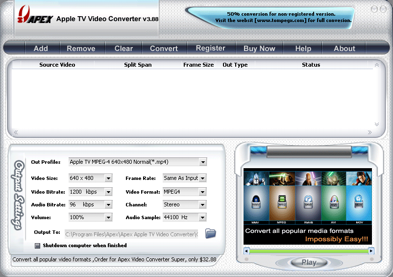 Apex Apple TV Video Converter 7.12 software screenshot