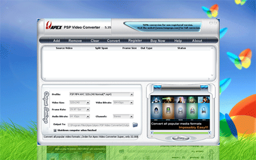 Apex Free PSP Video Converter 8.33 software screenshot