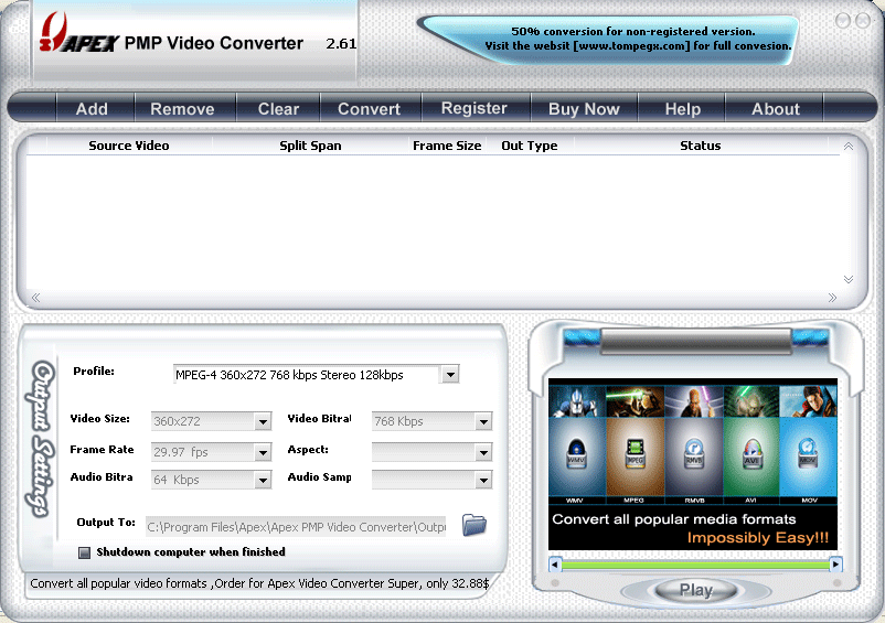 Apex PMP Video Converter 8.27 software screenshot