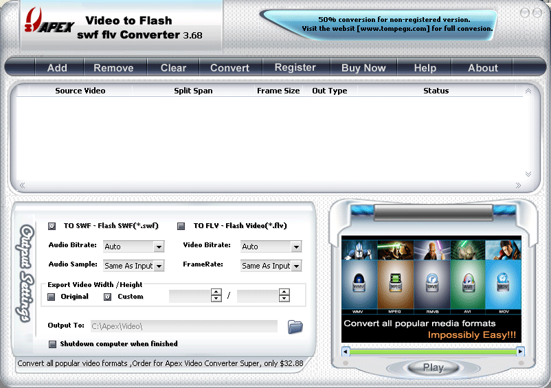 Apex Video to Flash SWF FLV Converter 5.6 software screenshot