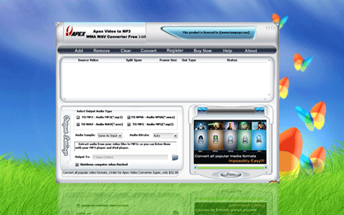 Apex Video to MP3 WMA WAV Converter Free 5.64 software screenshot