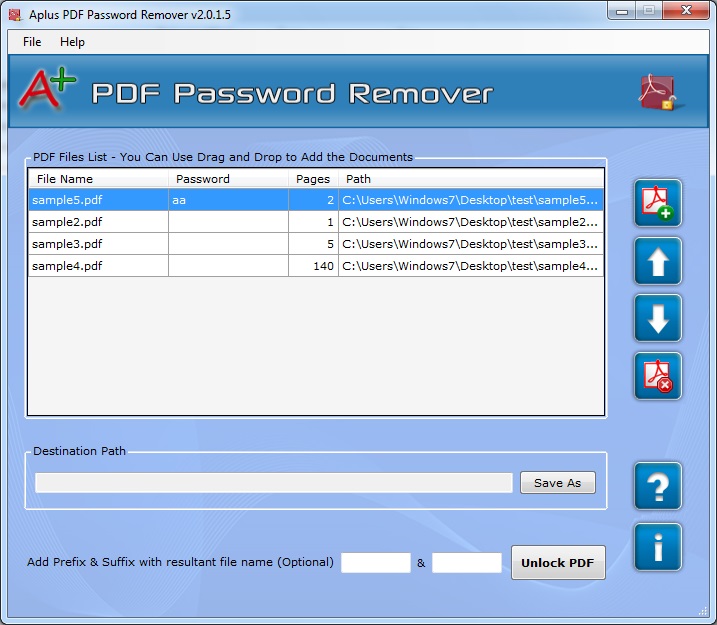 Aplus PDF Password Remover 2.0.1.5 software screenshot