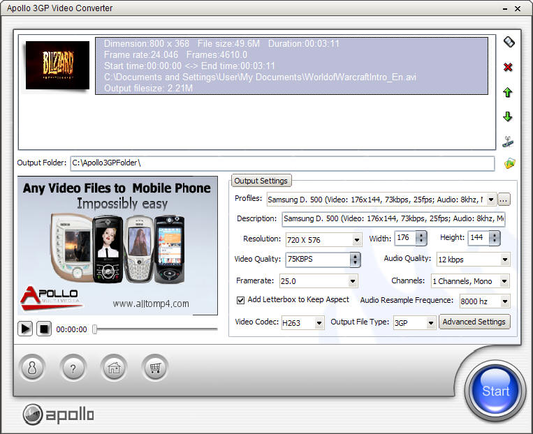 Apollo 3GP Video Converter 2.7.4 software screenshot