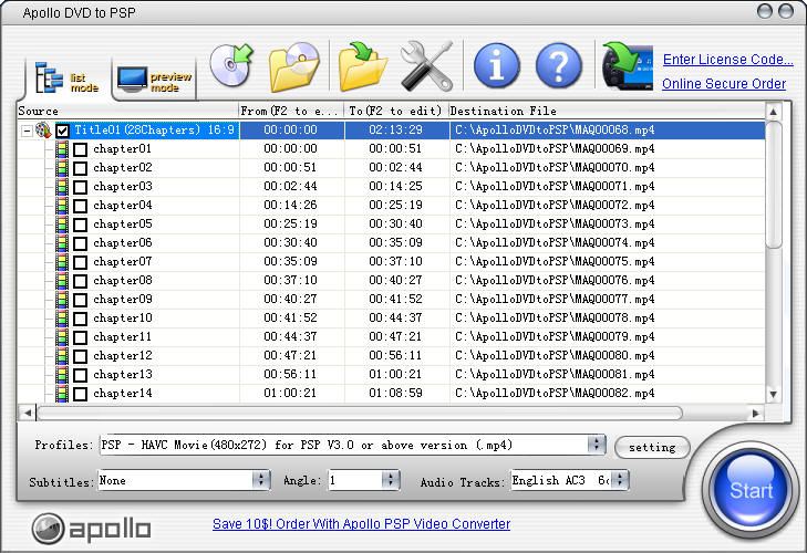 Apollo DVD to PSP 6.1.2 software screenshot