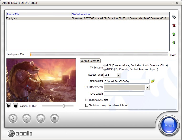 Apollo DivX to DVD Creator 2.6.0 software screenshot