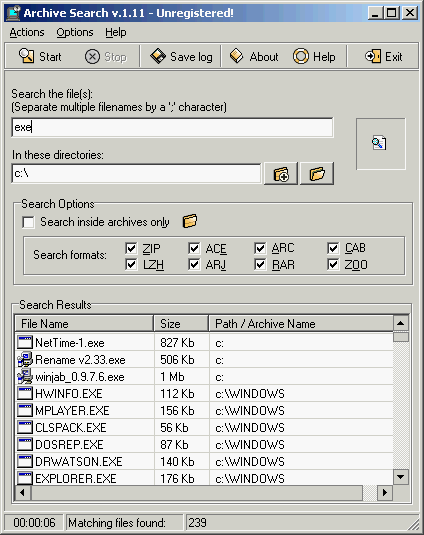Archive Search 1.11 software screenshot