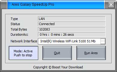 Ares Galaxy SpeedUp Pro 2.4.9 software screenshot