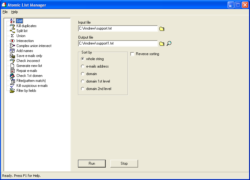 Atomic List Manager 3.30 software screenshot