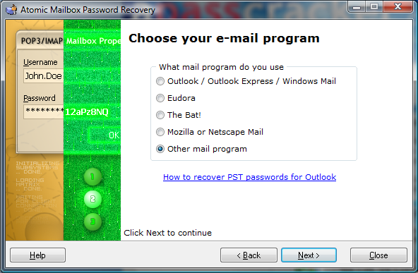 Atomic Mailbox Password Recovery 2.90 software screenshot