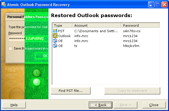 Atomic Outlook Password Recovery 2.0 software screenshot