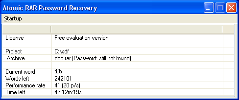 Atomic RAR Password Recovery 1.20 software screenshot