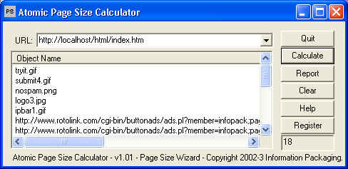 Atomic WebPage Size Calculator 1.05 software screenshot