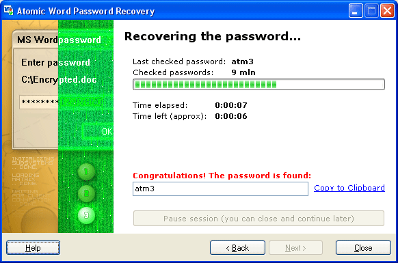 Atomic Word Password Recovery 1.50 software screenshot