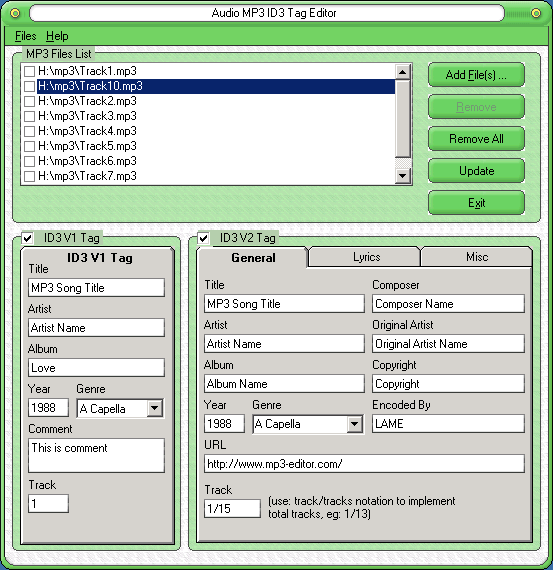 Audio MP3 ID3 Tag Editor 1.0 software screenshot