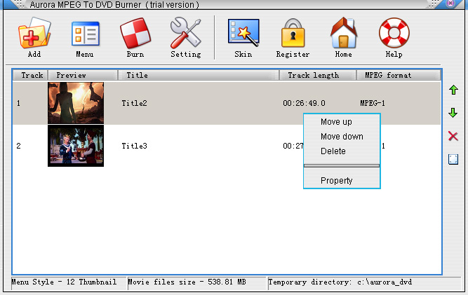 Aurora MPEG To DVD Burner 5.2.49.5 software screenshot