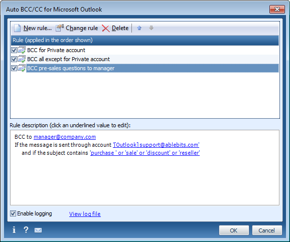 Auto BCC/CC for Microsoft Outlook 3.0.4.310 software screenshot