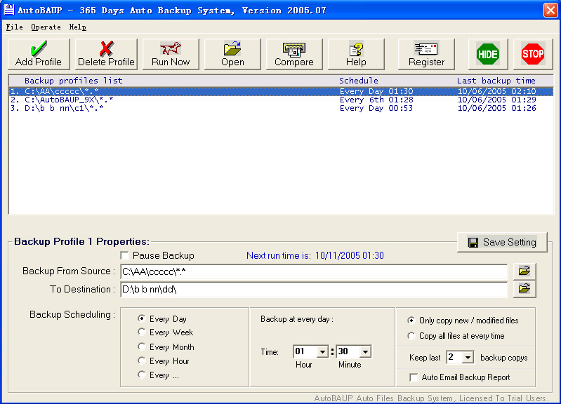 AutoBAUP - Auto File Backup software 2005.11 software screenshot