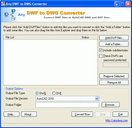 AutoCAD DWF to DWG 2010 software screenshot