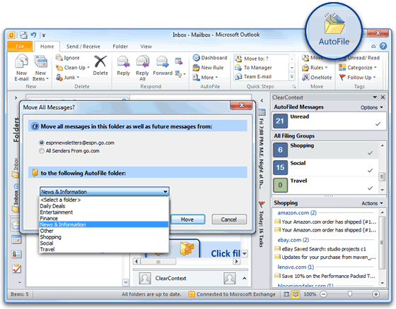 AutoFile for Microsoft Outlook 5.4.4 software screenshot