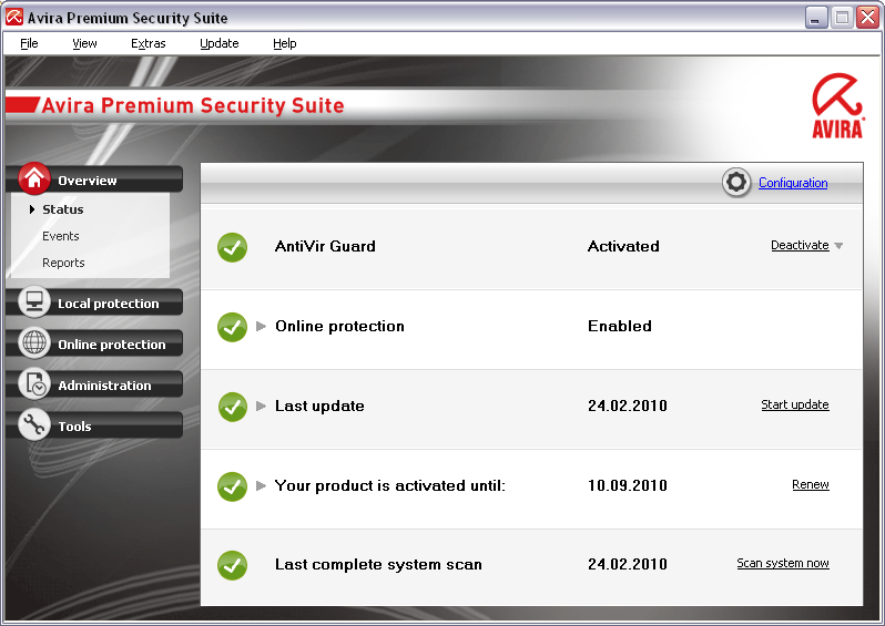 Avira Premium Security Suite 10.0.0.621 software screenshot