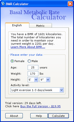 BMR (Basal Metabolic Rate) Calculator 1.0 software screenshot
