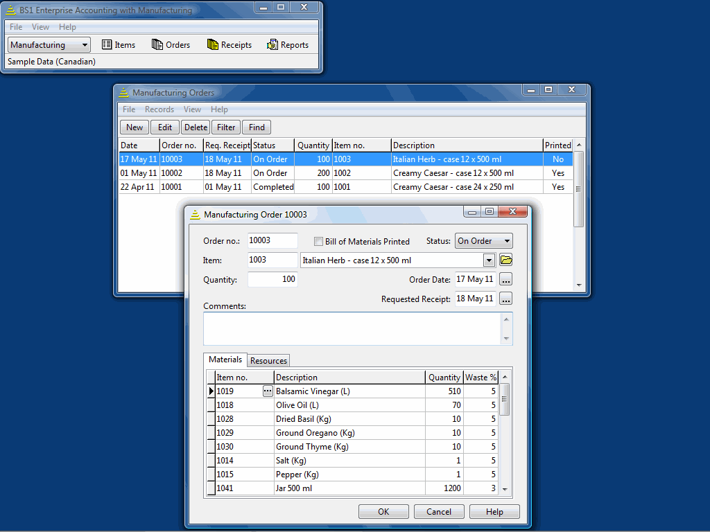 BS1 Enterprise with Manufacturing 2015.3 software screenshot