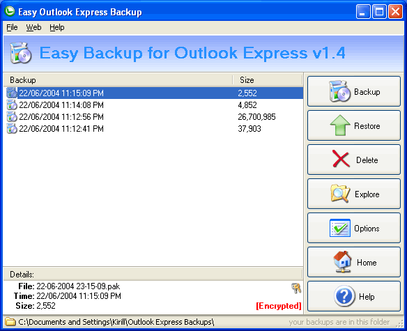Backup for Outlook Express 2.36 software screenshot