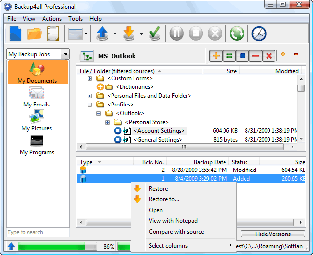 Backup4all Pro 4.8.289 software screenshot